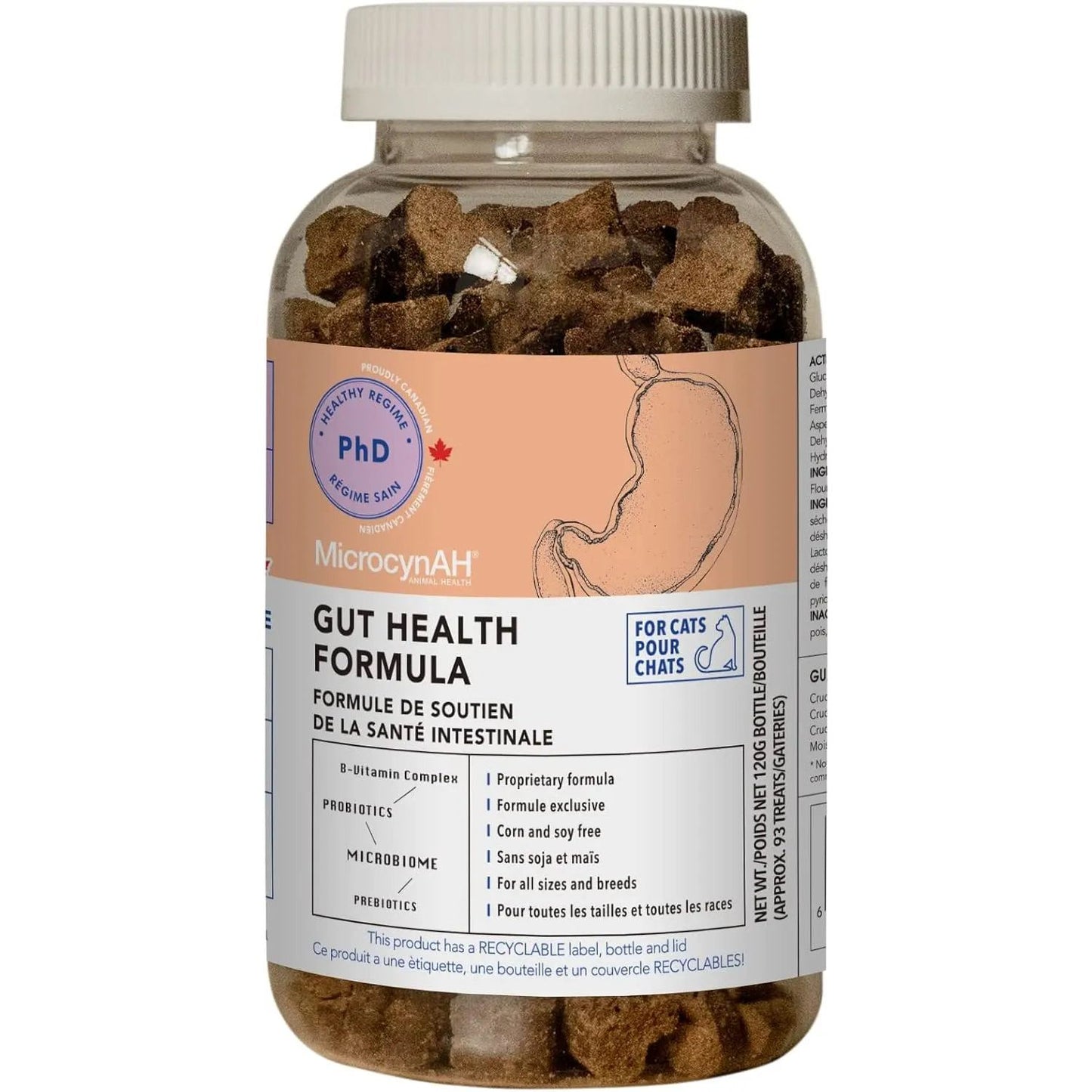 A 120g bottle of MicrocynAH MICRO Cat Gut Health Soft Chews features a stomach illustration and highlights cat gut health support with prebiotics, probiotics, and no soy, corn, or GMOs. The bottle contains brown chunky soft chews.