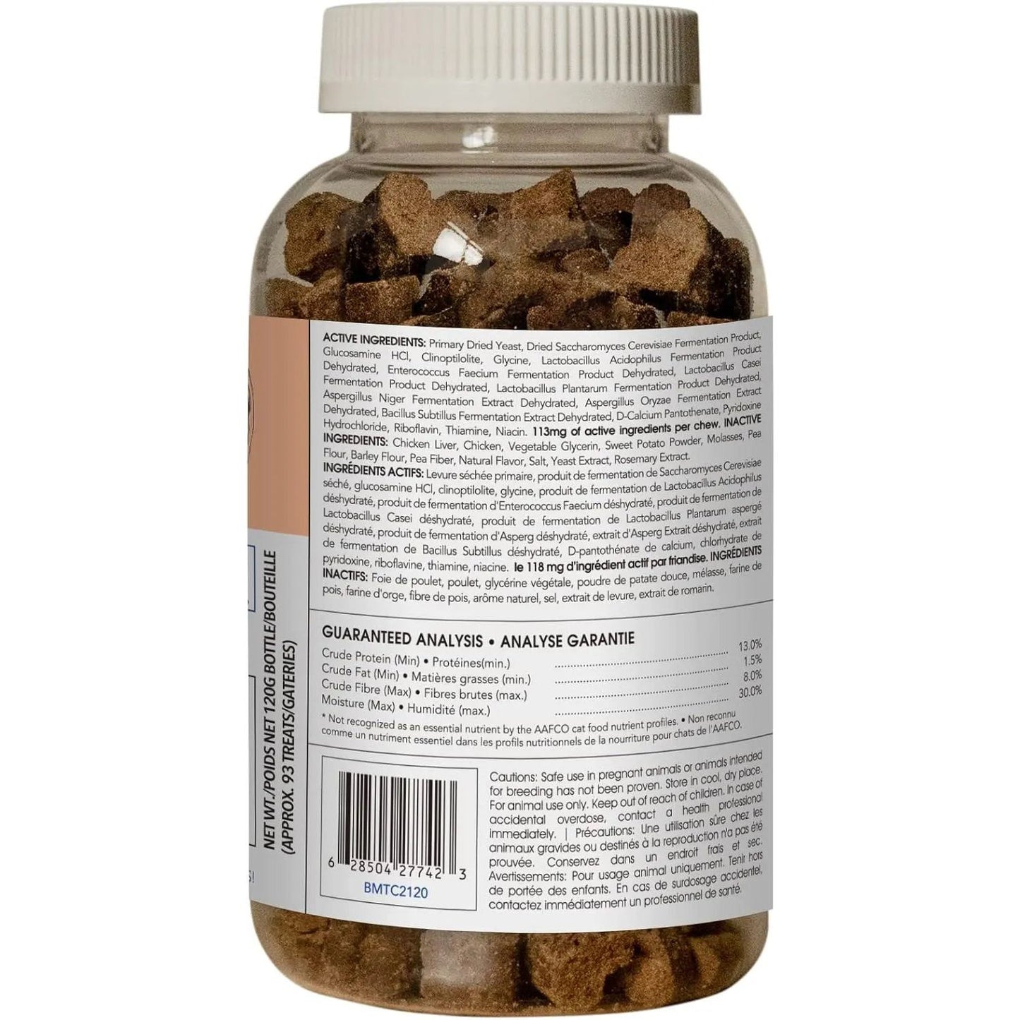 A clear plastic jar with a white lid holds MicrocynAH MICRO Cat Gut Health Soft Chews 120g—brown, irregularly shaped treats. The label shows ingredients and nutrition info in black on a white and peach background for cat gut health support.