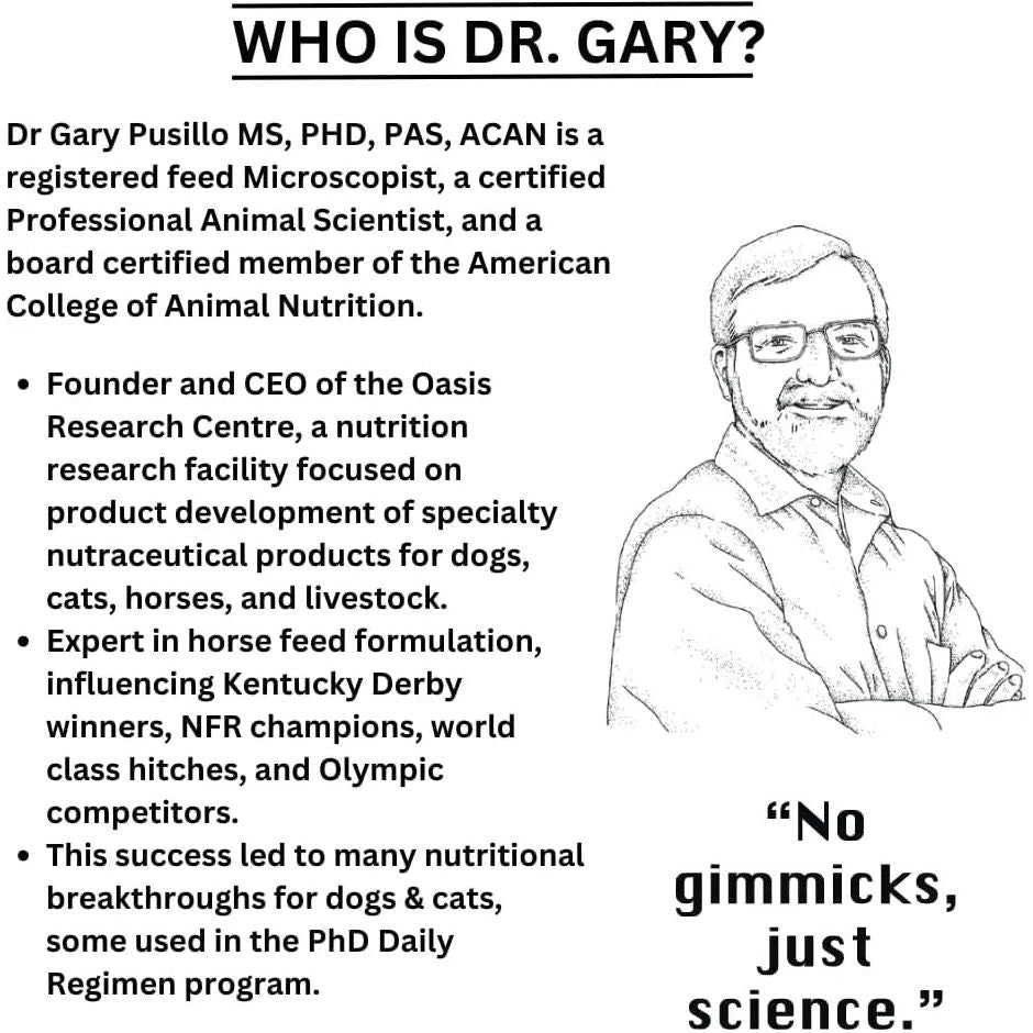 Illustration of Dr. Gary Pusillo, animal scientist and Oasis Research Centre founder, alongside a quote: “No gimmicks, just science.” Showcases his expertise behind MicrocynAH MICRO Cat Gut Health Soft Chews 120g with prebiotics and probiotics.