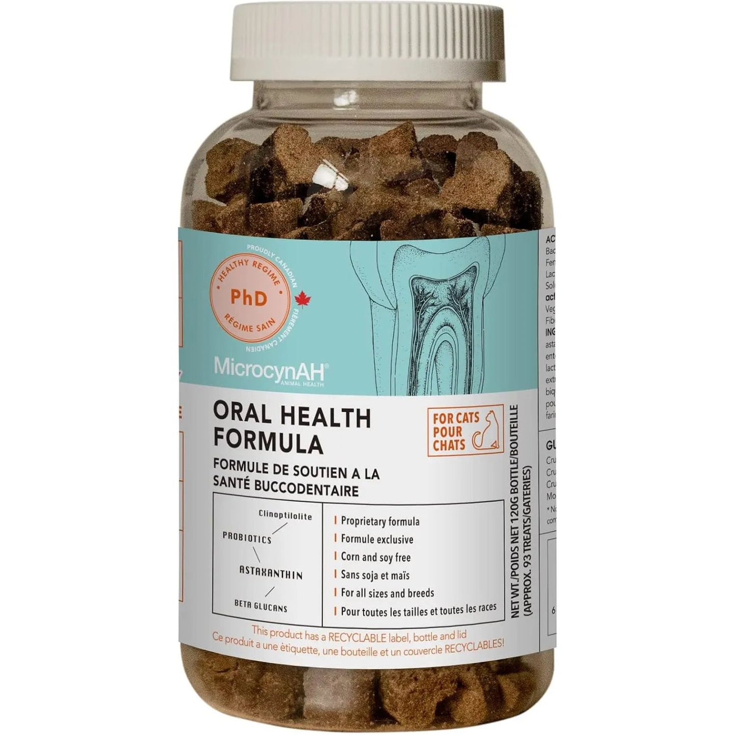 A jar of MicrocynAH MICRO Cat Oral Health Soft Chews 120g by MicrocynAH, in a transparent bottle with a detailed label and tooth graphic, contains brown treats that help reduce bad breath and support your cat’s oral health.