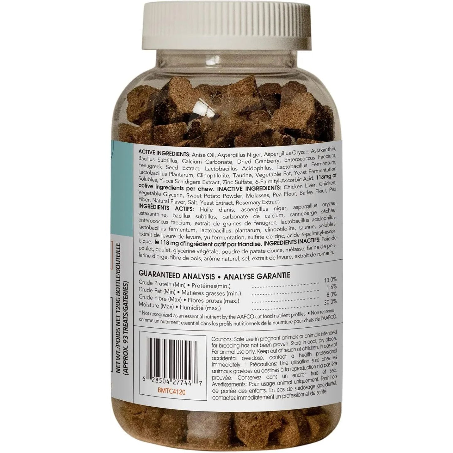 MicrocynAH MICRO Cat Oral Health Soft Chews 120g come in a clear bottle with a silver lid. The English and French label lists ingredients, guaranteed analysis, and a barcode—supporting cat oral health and helping reduce bad breath.
