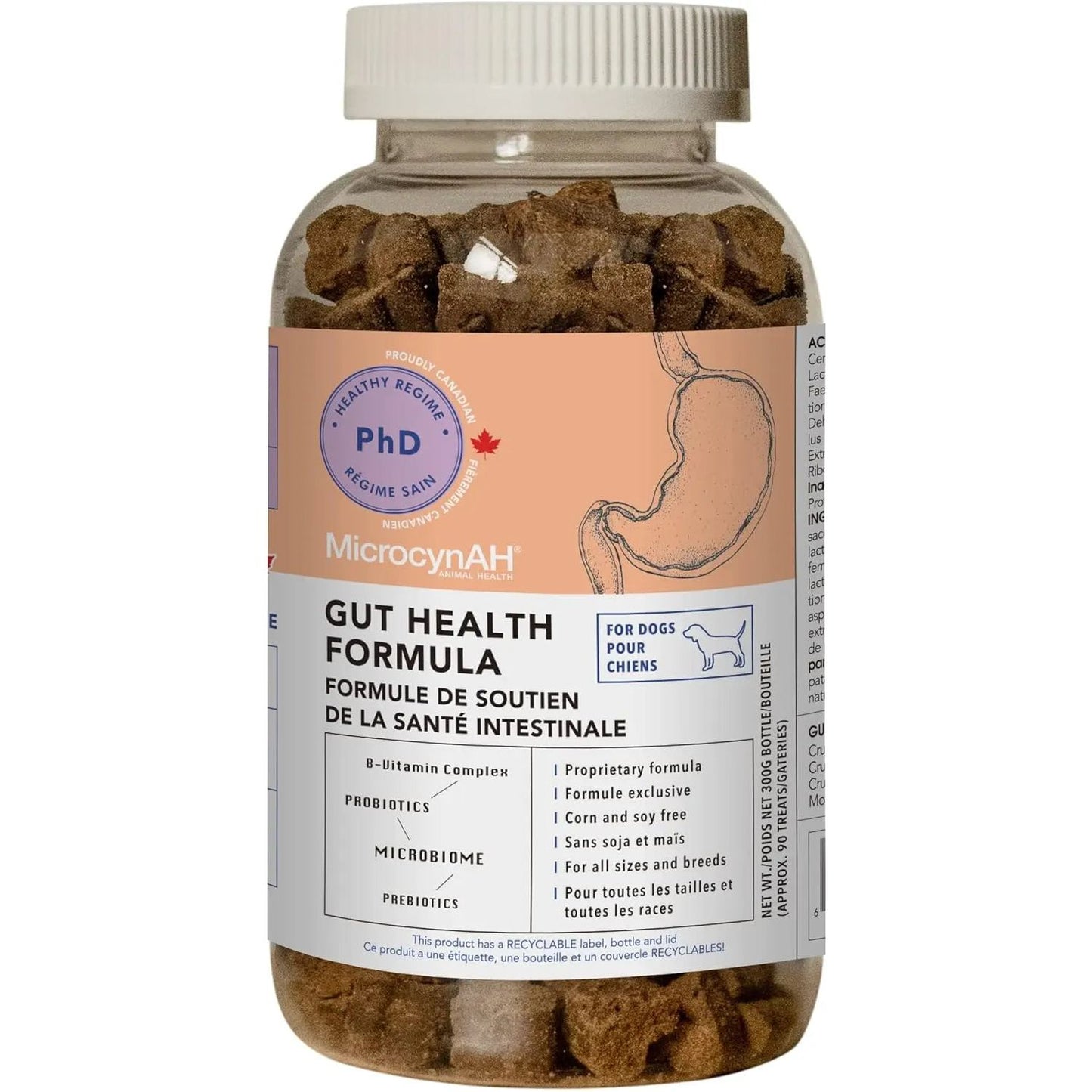 MicrocynAH MICRO Gut Health Soft Chews for Dogs 300g by MicrocynAH offer digestive support with prebiotics, probiotics, B vitamins, and are suitable for all breeds and ages. The label features a dog and stomach illustration.
