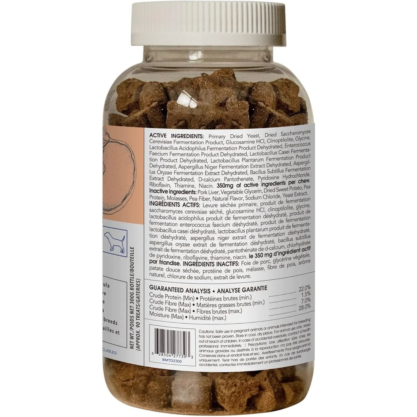 A clear plastic bottle of MicrocynAH MICRO Gut Health Soft Chews for Dogs 300g, filled with brown chews. The white label with black text lists ingredients, nutritional analysis, and feeding directions for digestive and gut health support.
