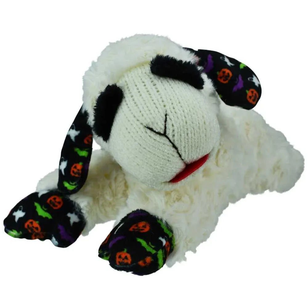 Halloween-themed Lamb Chop dog toy with pumpkin and ghost decorations