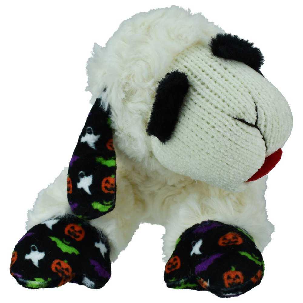 Festive Halloween Lamb Chop dog toy with pumpkin and ghost design elementst