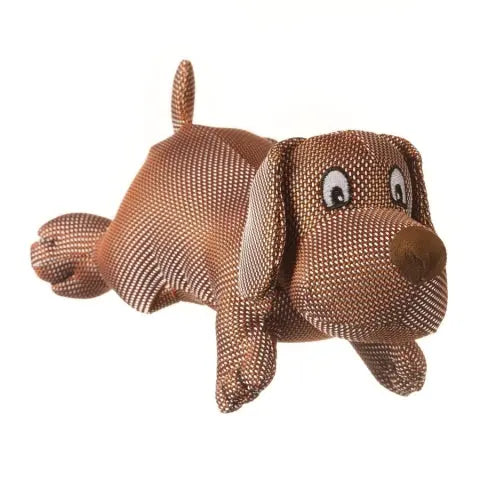 The Multipet Dazzler Durable Plush Dog Toy by Multipet is a brown, textured plush toy featuring floppy ears, a round nose, large embroidered cartoon eyes, and a raised tail in a lying-down pose.