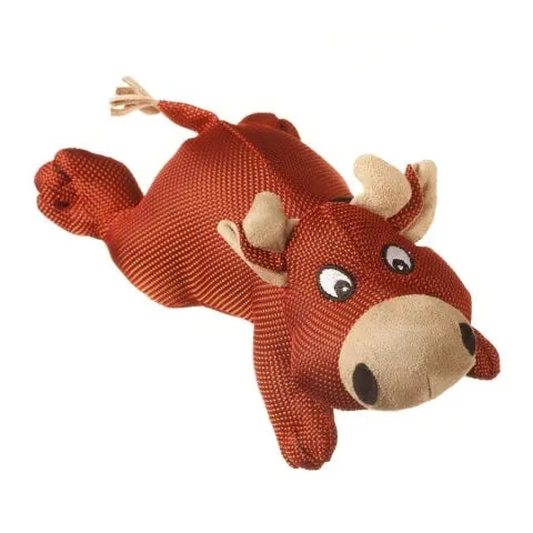 The Multipet Dazzler Durable Plush Dog Toy by Multipet is a soft brown plush moose with tan antlers, beige snout, large white eyes, rope tail, and outstretched legs—perfect for cuddly playtime with your pup.