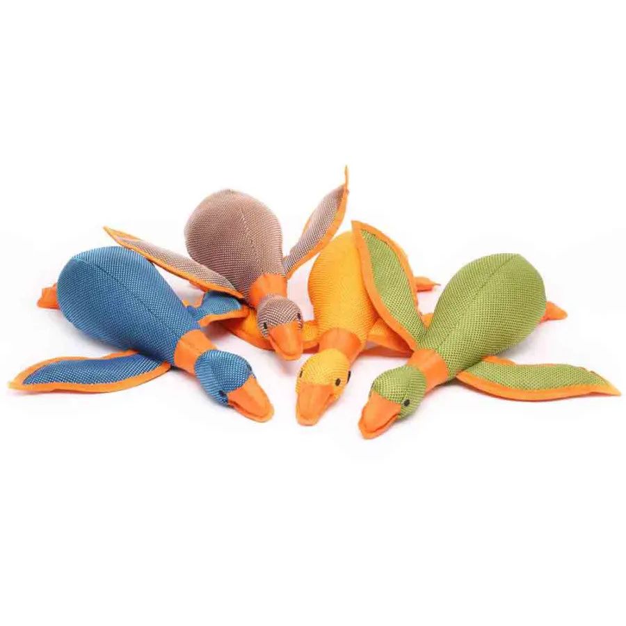 Four Multipet Dazzler Durable Plush Dog Toys by Multipet in blue, brown, yellow, and green, each with orange beaks, feet, and trim, are displayed on a white background.