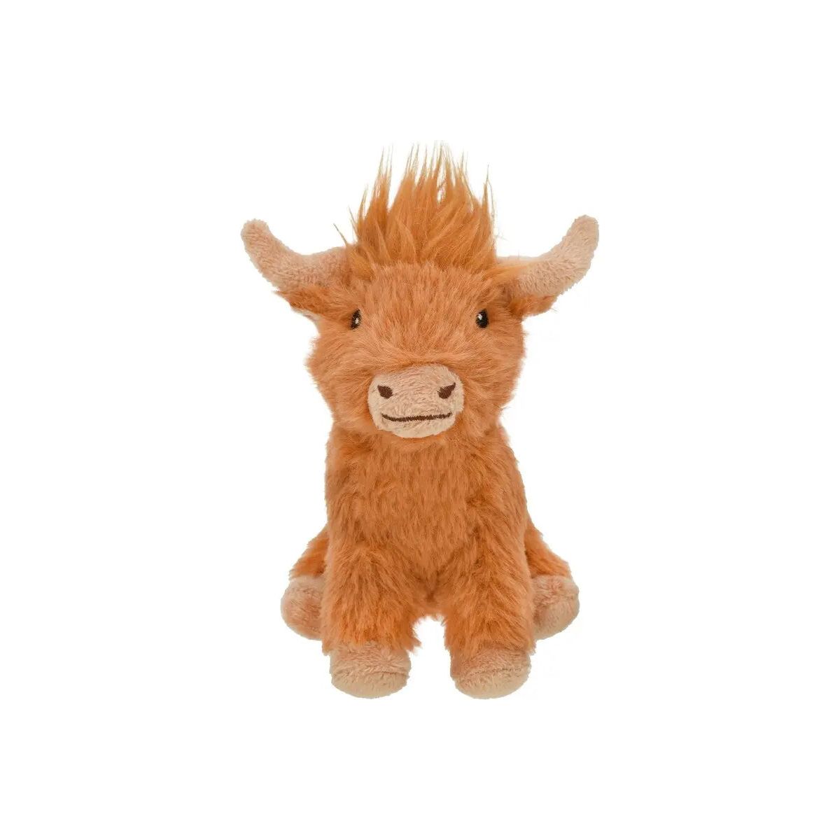 The Multipet Highland Cow Dog Toy is a plush, orange-brown companion with small horns, a cute face, and a top tuft of fur. Sitting upright, this toy is perfect for pets and surprises them with its squeaky feature for endless fun!.