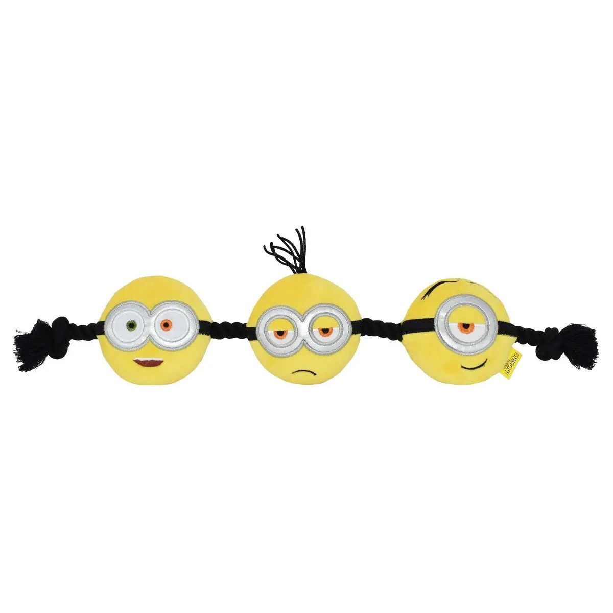 The Multipet Minion 3-Head Dog Rope Toy 17 features three yellow plush Minion faces on a black rope with tassels. The left face has two eyes and an open mouth, the middle frowns with tufts, and the right winks. Perfect for endless interactive play!.