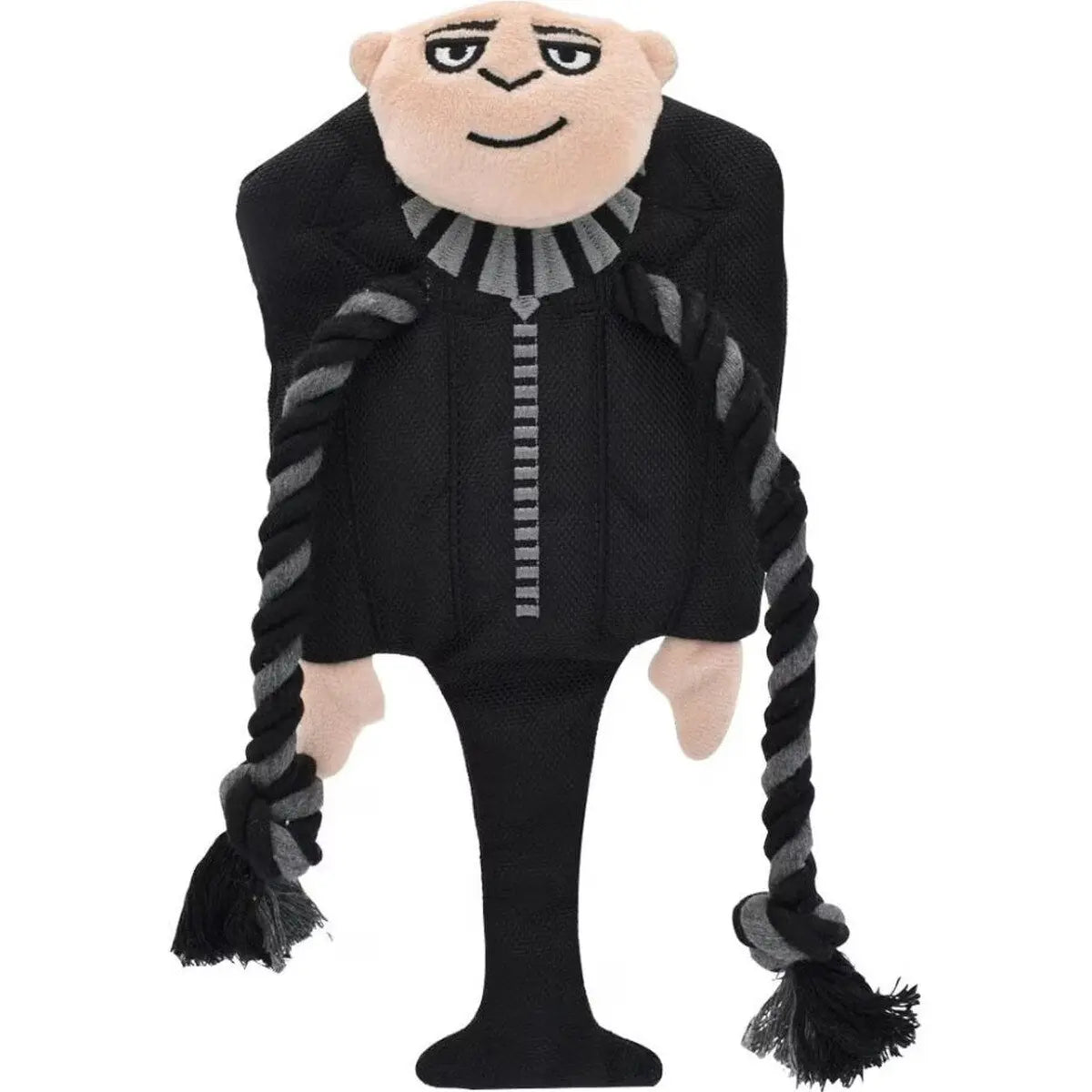 The Multipet Minion Gru Scarf Dog Rope Toy 11.5 by Multipet resembles a character in a black suit with a wide smile and bald head, featuring wide eyes and twisted black and gray rope arms, ideal for interactive play. Its simple, cartoonish design makes it durable yet delightful.