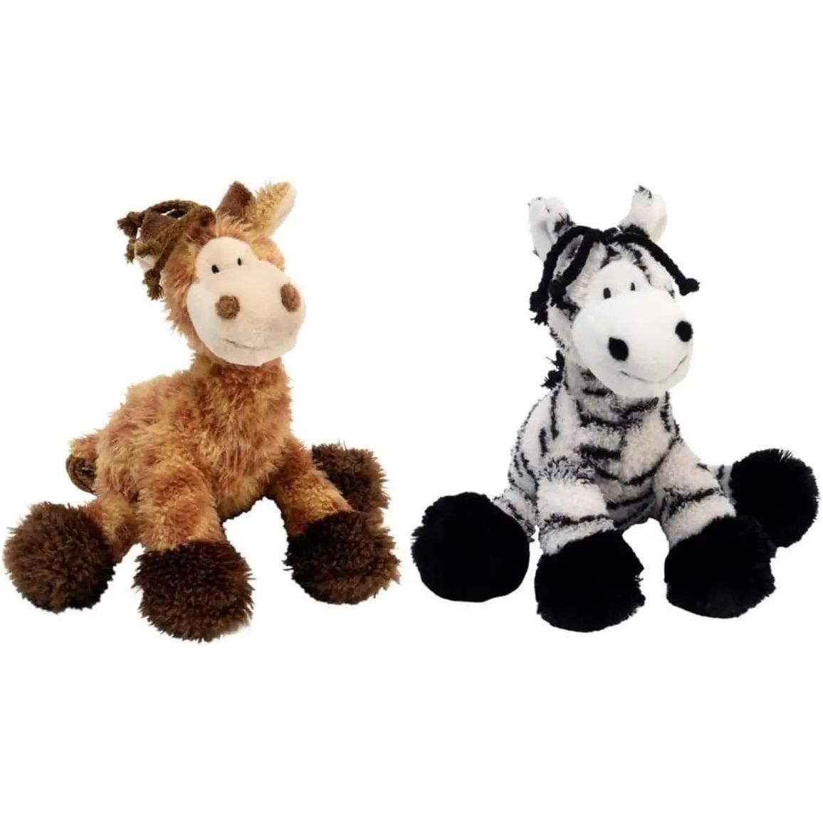 The Multipet Pet Envy Mane Event Dog Toy Assorted 11 in features adorable plush giraffe and zebra designs with smiling faces, black hooves, and squeakers—perfect for your pup. From the trusted brand Multipet.