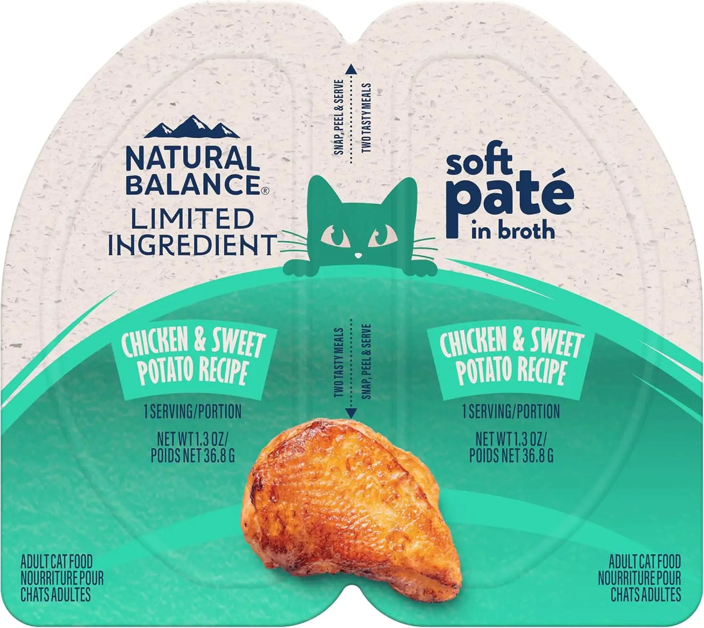 Twin pack of Natural Balance Limited Ingredient Soft Pate in Broth Wet Cat Food, 10 x 2.6 oz cups. Features grain-free Chicken & Sweet Potato recipe with high-quality protein and tempting chicken drumstick imagery on pack.