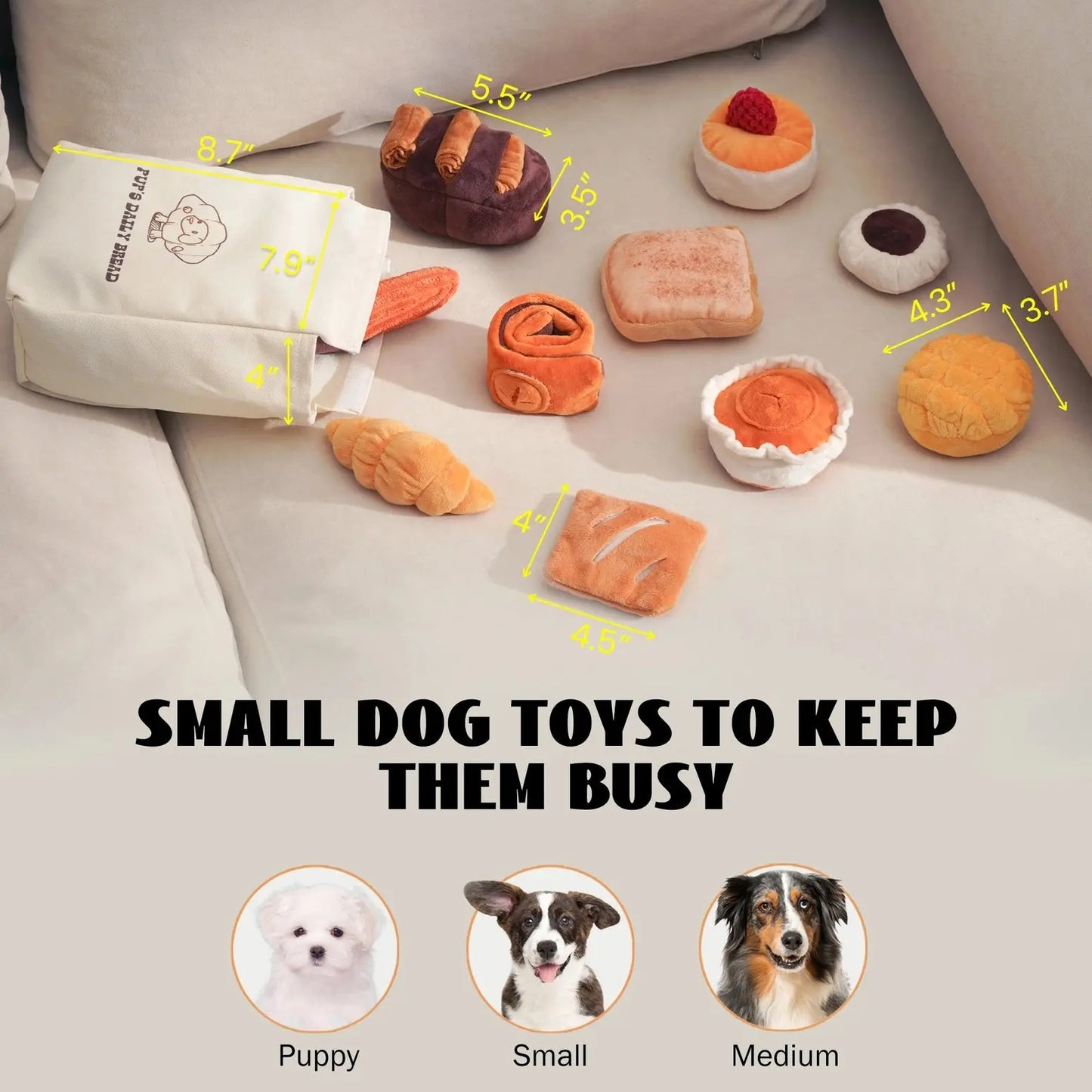 Nocciola 10-Pack Crinkle & Squeaky Bread Dog Toys with Treat Bag Nocciola