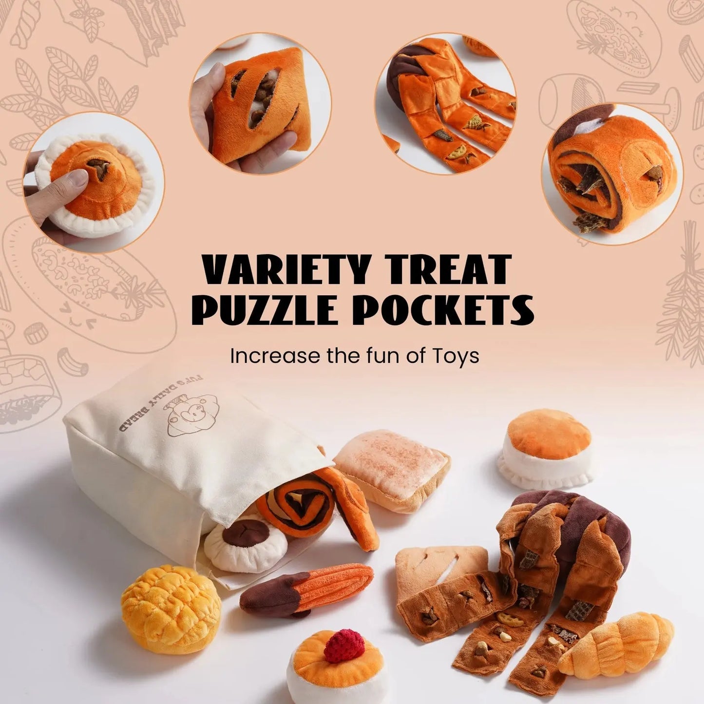 Nocciola 10-Pack Crinkle & Squeaky Bread Dog Toys with Treat Bag Nocciola