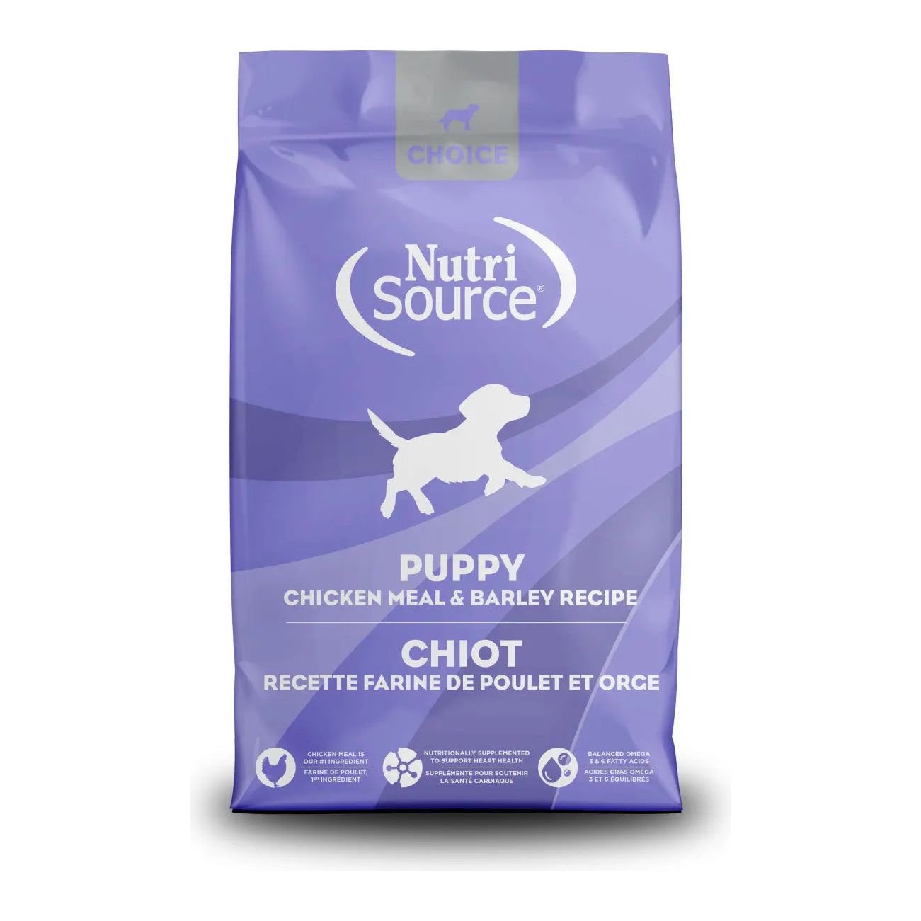 A 5 lb purple bag of NutriSource Choice Chicken Meal & Barley Recipe Puppy Dry Dog Food features a white puppy silhouette, grain-inclusive formula, bilingual English and French labeling, and benefit icons at the bottom.