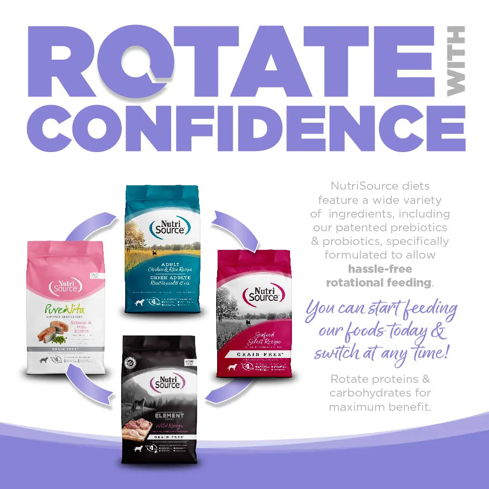 Four NutriSource Choice Chicken Meal & Barley Recipe Puppy Dry Dog Food 5 lb bags form a circle with arrows, highlighting Rotate with Confidence—easy rotational feeding, grain-inclusive benefits, and the freedom to switch foods anytime.