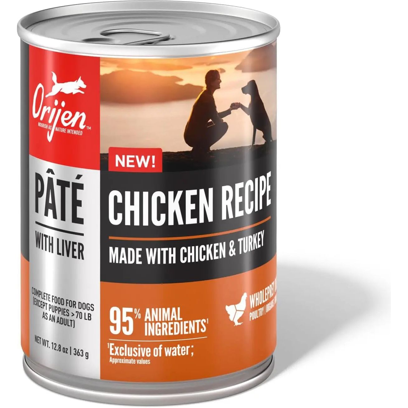 A can of ORIJEN Adult High-Protein Poultry Pate with Liver Wet Dog Food (12ea/12.8 oz) features a person and dog at sunset. The label highlights 95% animal ingredients, including chicken and turkey for a protein-rich meal.