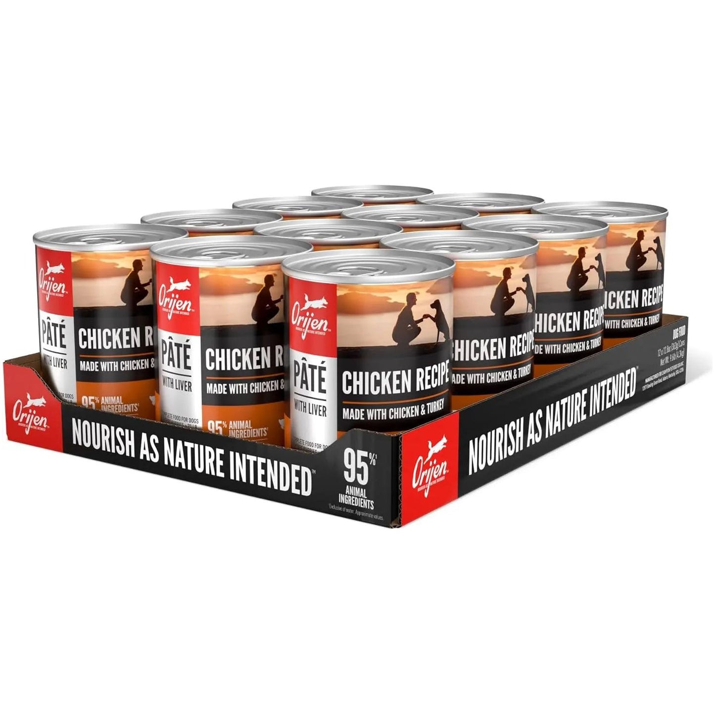 A tray of twelve ORIJEN Adult High-Protein Poultry Pate with Liver Wet Dog Food cans, labeled Nourish as Nature Intended, contains 95% animal ingredients and features a dog and person on the packaging.