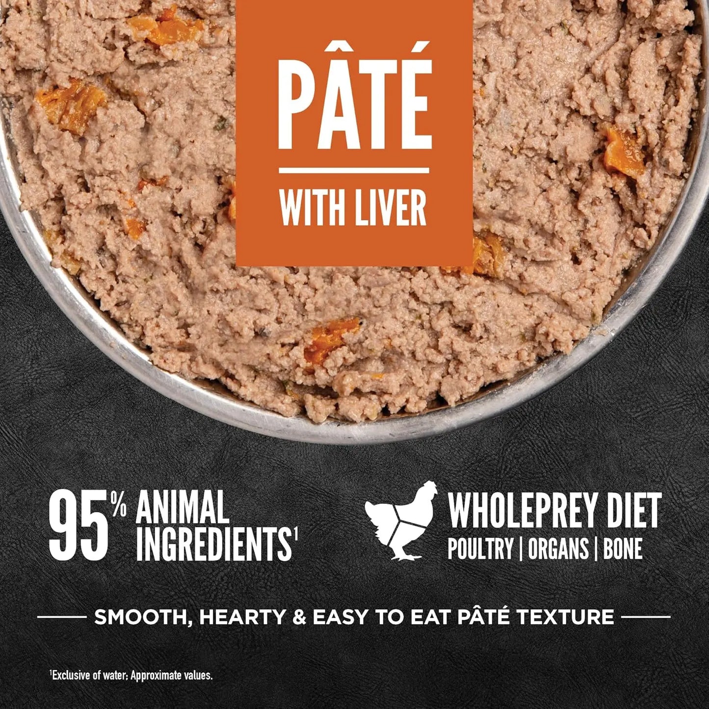 A close-up of ORIJEN Adult High-Protein Poultry Pate with Liver Wet Dog Food in a bowl. Text highlights: 95% animal ingredients, WholePrey diet (poultry, organs, bone), and a smooth, hearty, easy-to-eat pâté texture. 12ea/12.8 oz.