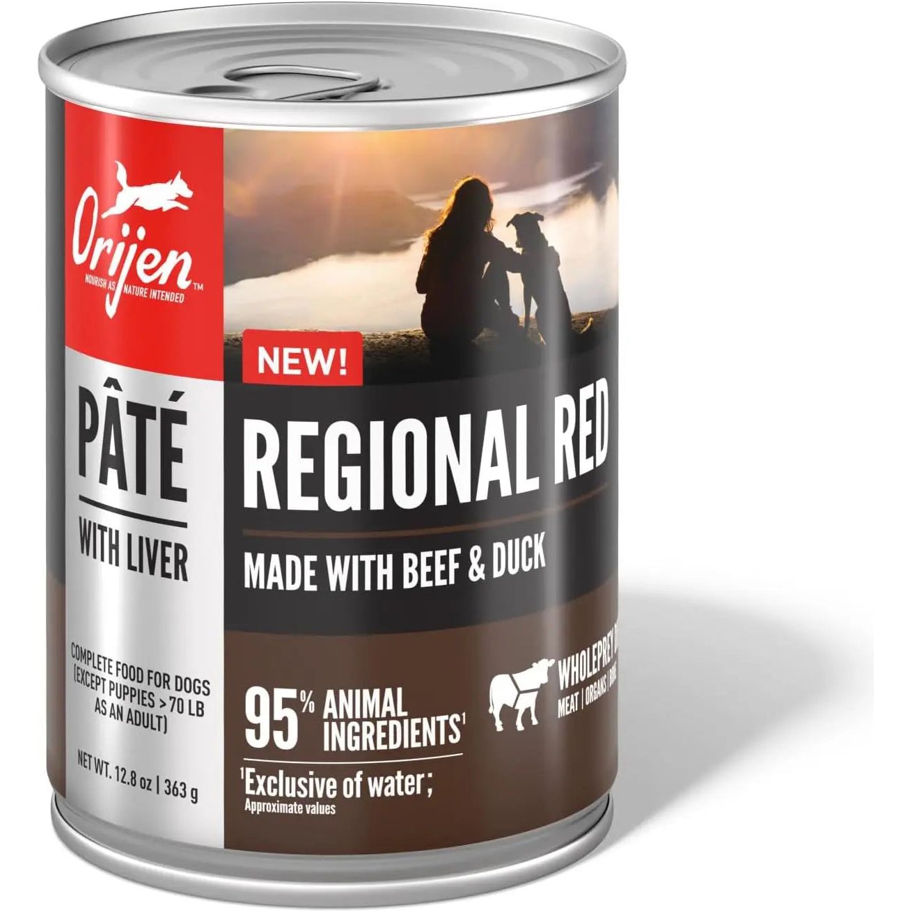 ORIJEN Adult High-Protein Regional Red Pate with Liver Wet Dog Food comes in a 12.8 oz can, features beef and duck, highlights 95% animal ingredients, and its label shows a person with their dog at sunset. Sold as 12 cans per pack.