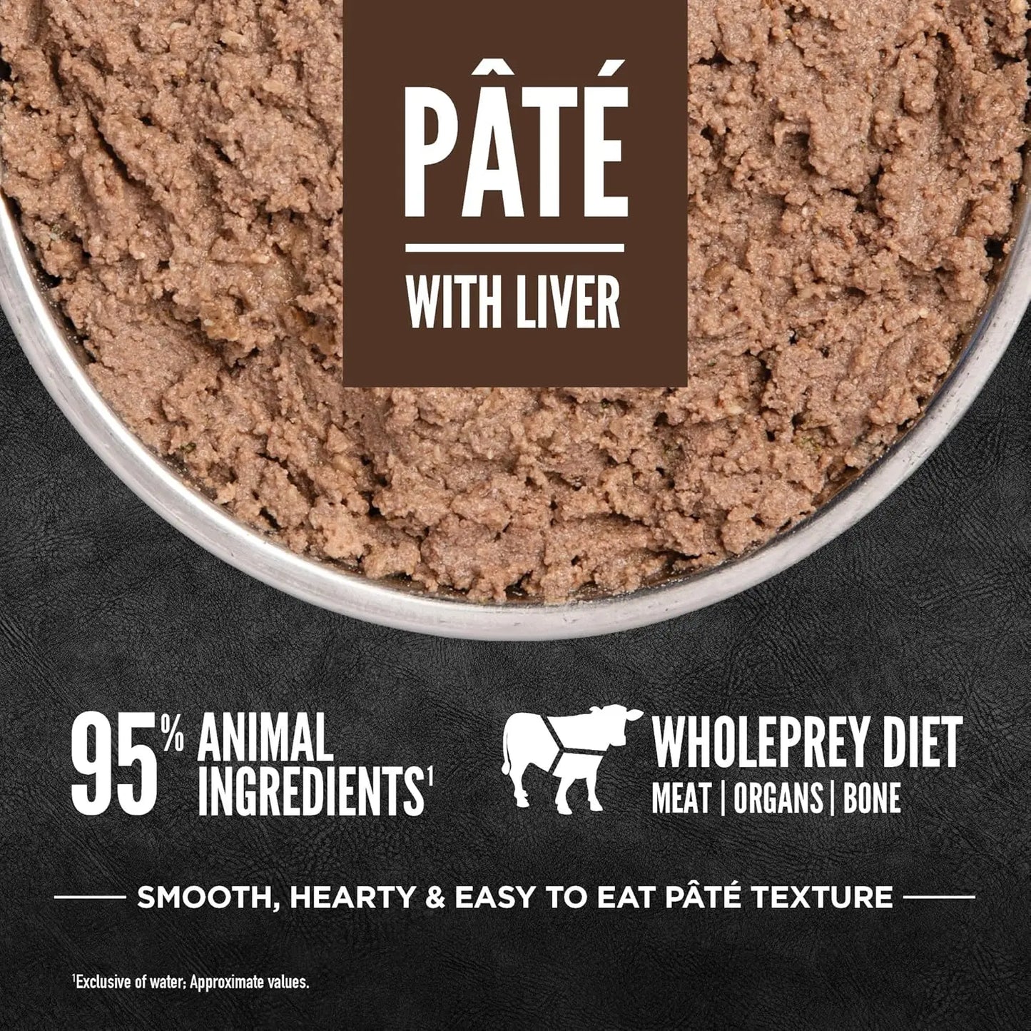 A close-up of ORIJEN Adult High-Protein Regional Red Pate with Liver Wet Dog Food 12ea/12.8 oz in a bowl. Text: “Pâté with liver. 95% animal ingredients. Wholeprey diet—meat, organs, bone. Smooth, easy-to-eat pâté texture. ORIJEN.”.