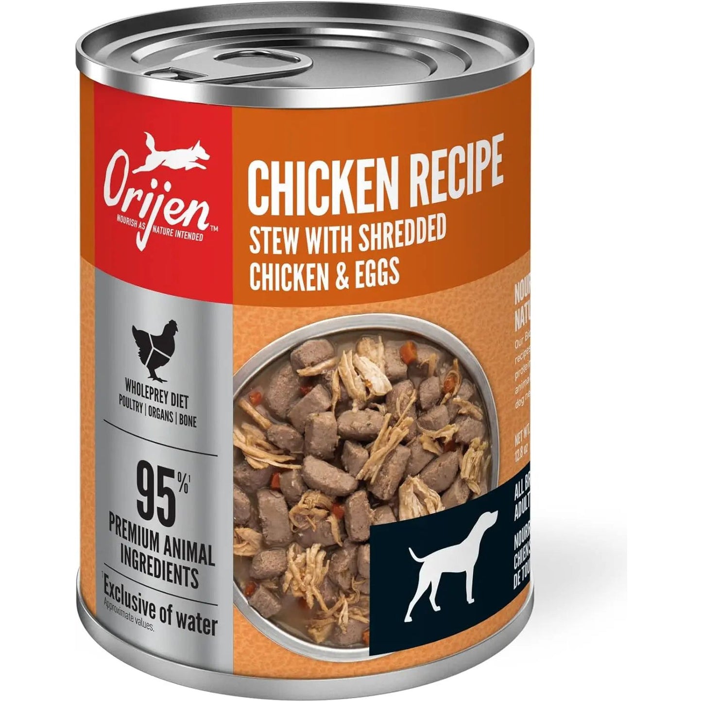 ORIJEN Real Meat Shreds Chicken & Eggs Recipe Stew is a grain-free wet dog food made with 95% premium animal ingredients, featuring chunky shredded chicken and eggs in every 12.8 oz can.
