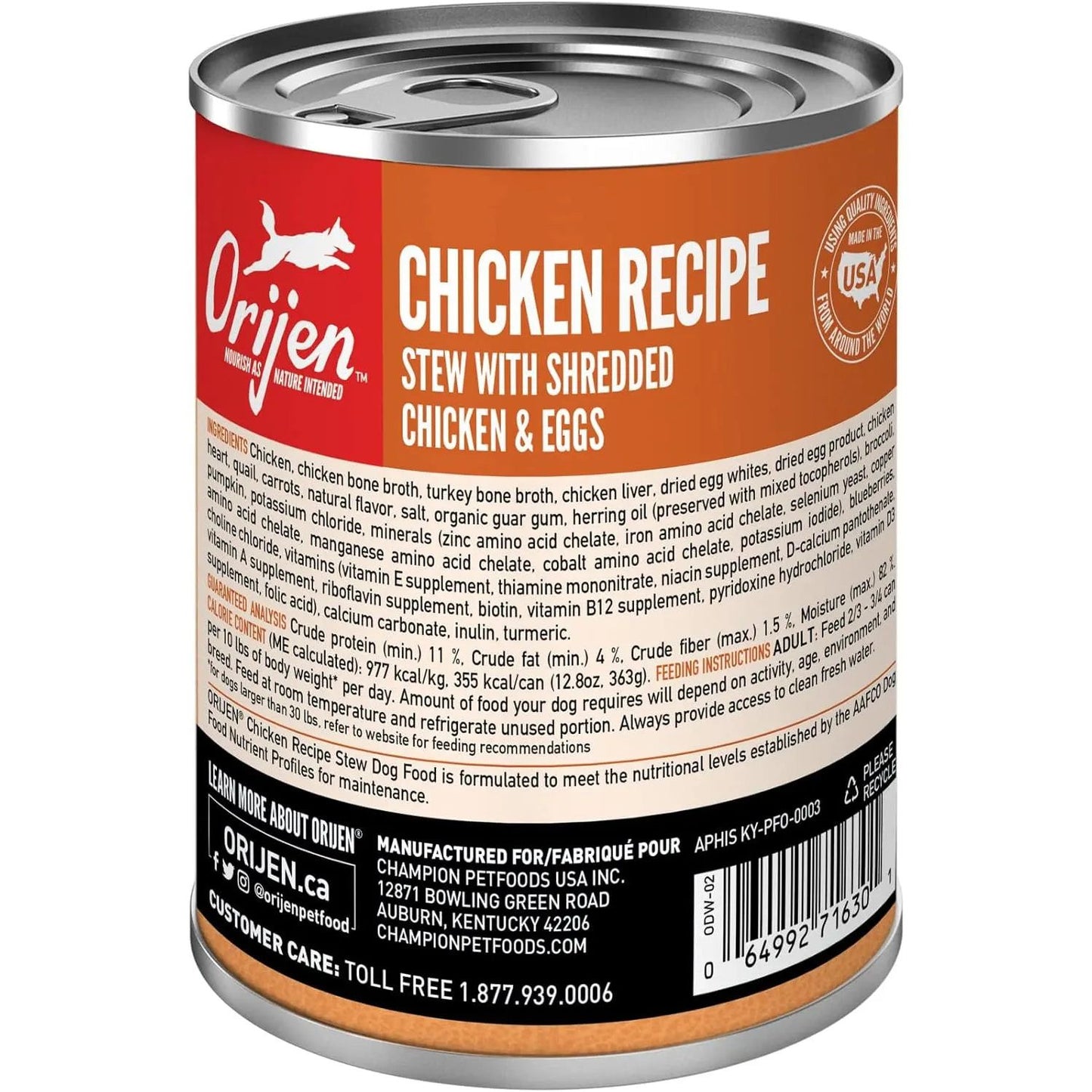 A can of ORIJEN Real Meat Shreds Chicken & Eggs Recipe Stew Grain-Free Wet Dog Food (12.8 oz) offers dogs a biologically appropriate diet, with real chicken and eggs, featuring nutrition info, branding, and guarantee on the label.