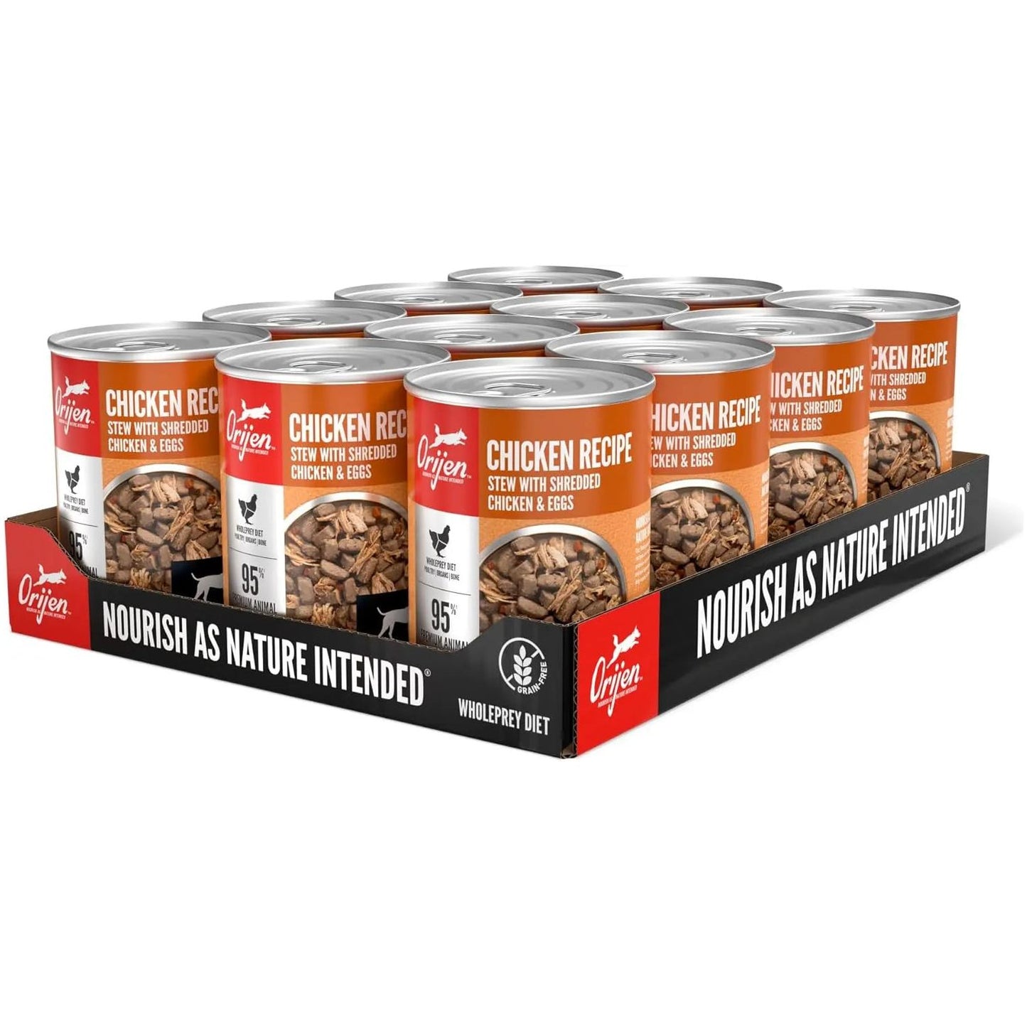 A carton of 12 ORIJEN Real Meat Shreds Chicken & Eggs Recipe Stew Grain-Free Wet Dog Food cans (12.8 oz each) sits in packaging reading “Nourish As Nature Intended”—stew with shredded chicken and eggs for pets.