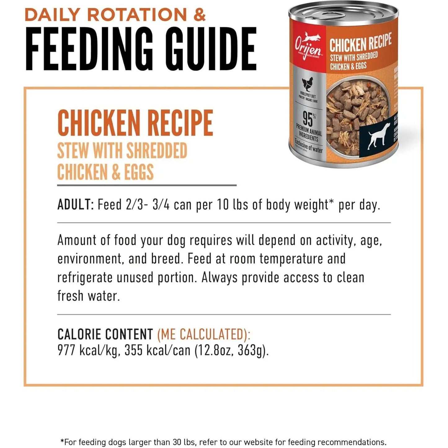 ORIJEN Real Meat Shreds Chicken & Eggs Recipe Stew Grain-Free Wet Dog Food 12ea/12.8 oz includes a feeding guide, calorie info, can image, tips for storing unused portions, and advice to provide fresh water for your dog.