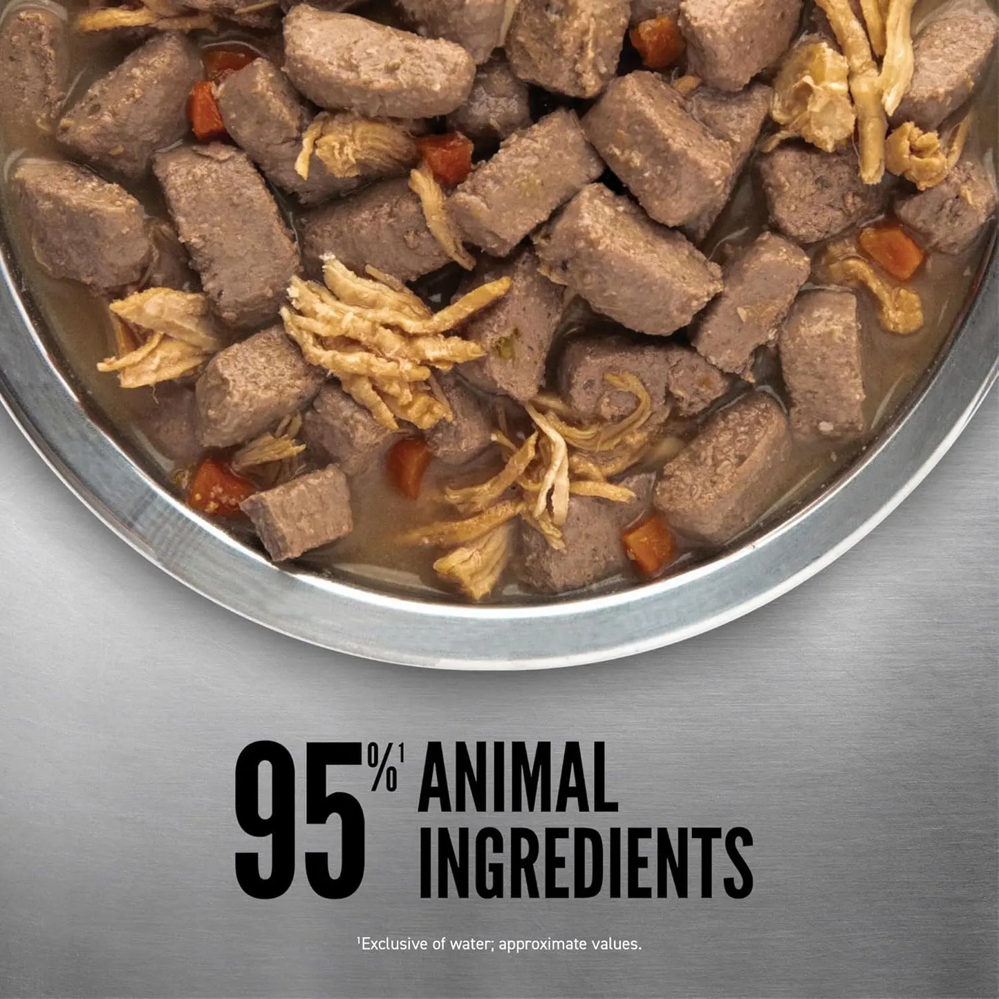 A bowl of ORIJEN Real Meat Shreds Chicken & Eggs Recipe Stew shows chunks of meat and shredded chicken in broth, with carrot pieces. Below, text highlights 95% animal ingredients and water plus classic grain-free wet dog food from ORIJEN.