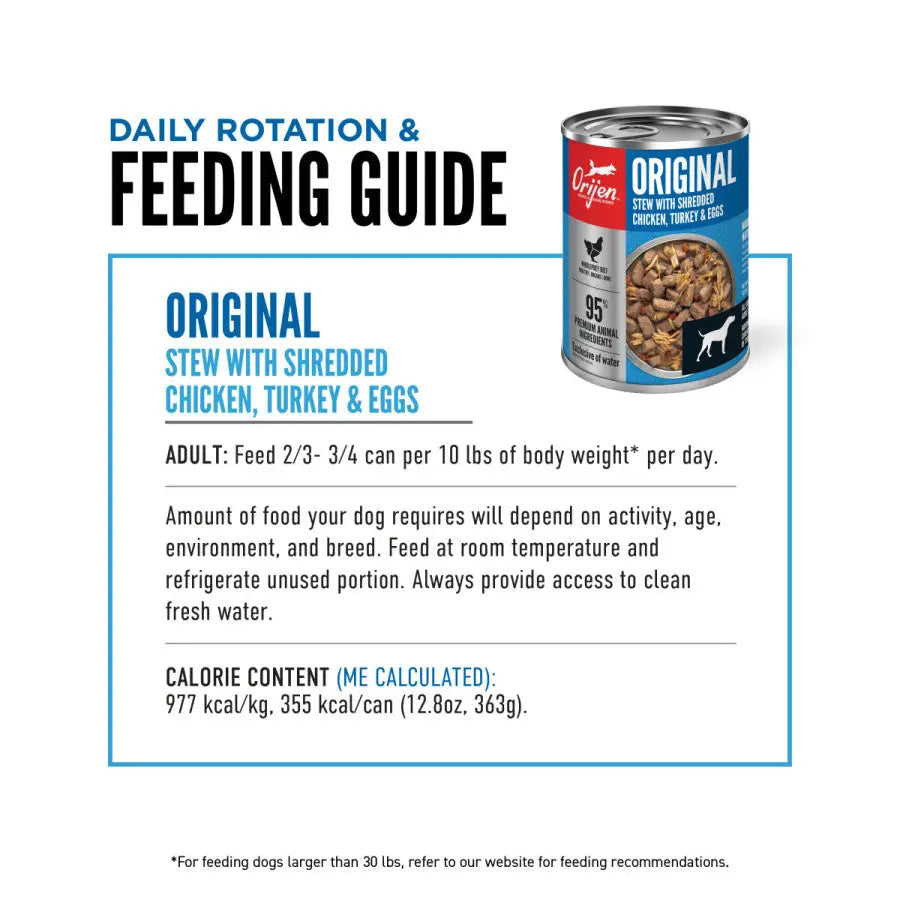 A feeding guide for ORIJEN Real Meat Shreds Chicken, Turkey & Eggs Recipe Stew Grain-Free Wet Dog Food (12 ea/12.8 oz) features daily rotation tips, feeding amounts, calorie info, and notes for dogs over 30 lbs.