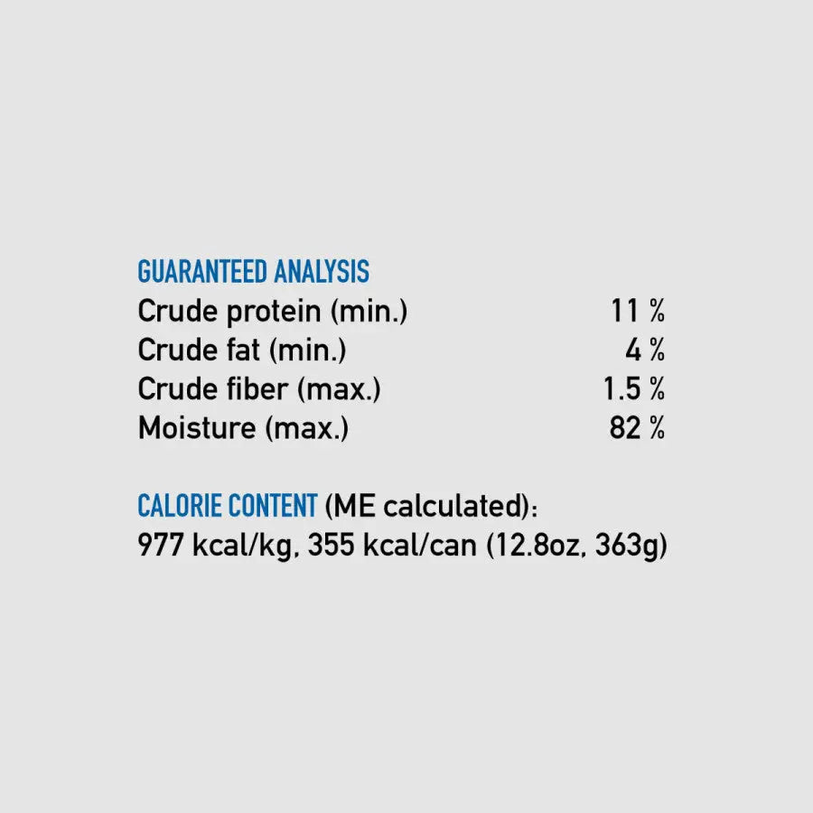 ORIJEN Real Meat Shreds Chicken, Turkey & Eggs Stew offers a guaranteed analysis of 11% protein, 4% fat, 1.5% fiber, and 82% moisture. Each 12.8oz can provides a WholePrey diet with 977 kcal/kg and 355 kcal per can.