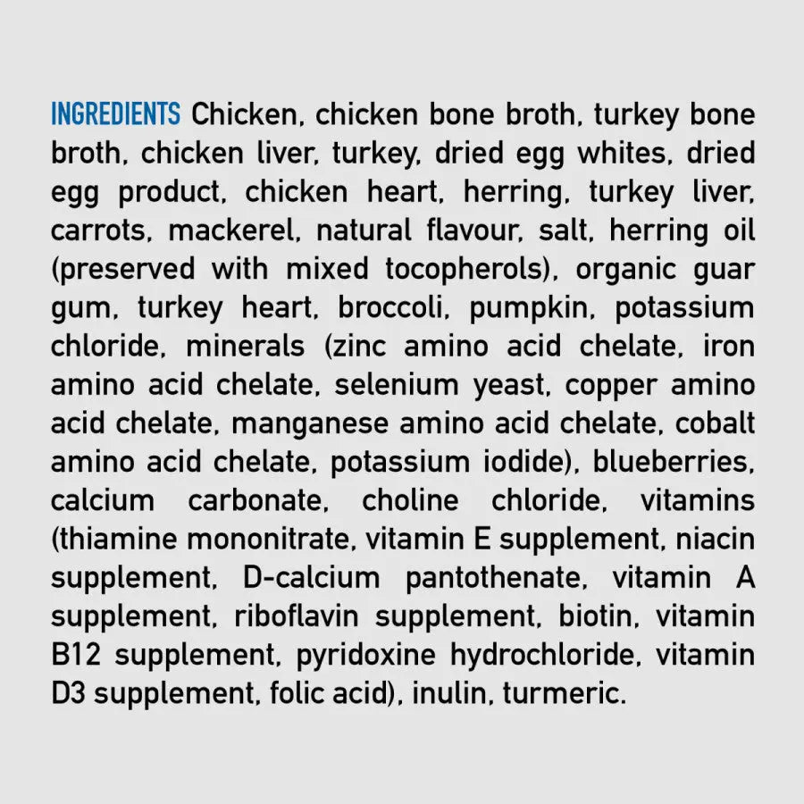 The ORIJEN Real Meat Shreds Chicken, Turkey & Eggs Recipe Stew Grain-Free Wet Dog Food ingredients are printed in black and blue on a light gray background, with INGREDIENTS highlighted in blue to reflect their WholePrey diet approach.