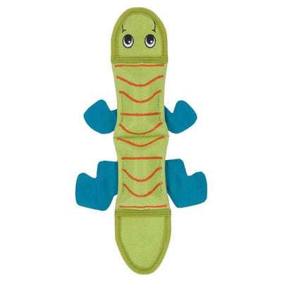 The Outward Hound® Fire Biterz Lizard Dog Toy (Medium) is a green, lizard-shaped toy with blue legs, orange stripes, large cartoon eyes, and Chew Shield Technology for durable play.
