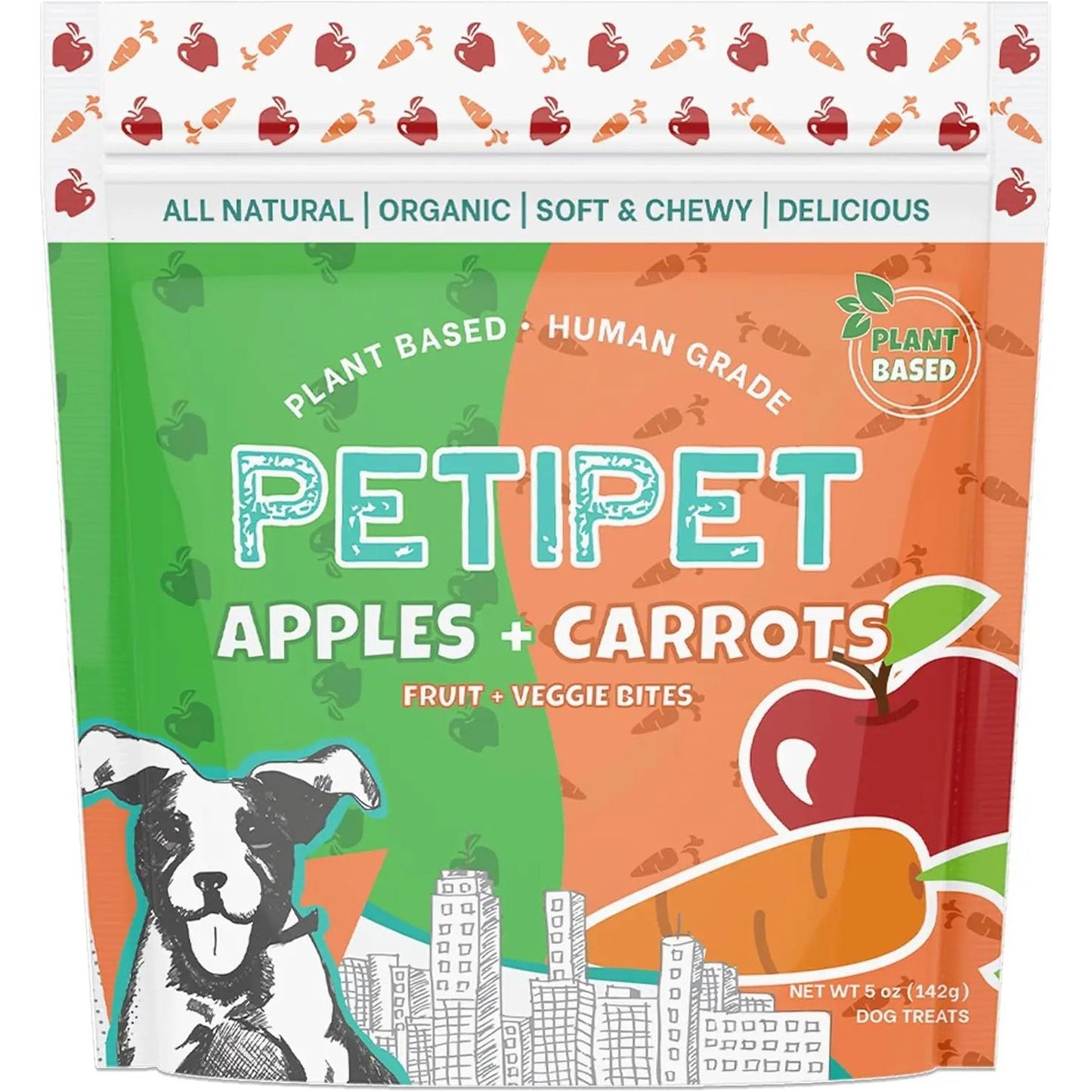 PETIPET Apples + Carrots Bites Soft & Chewy Dog Treats 5 oz feature a colorful, eco-friendly package with a dog, city skyline, apple and carrot icons, highlighting their organic, plant-based ingredients.