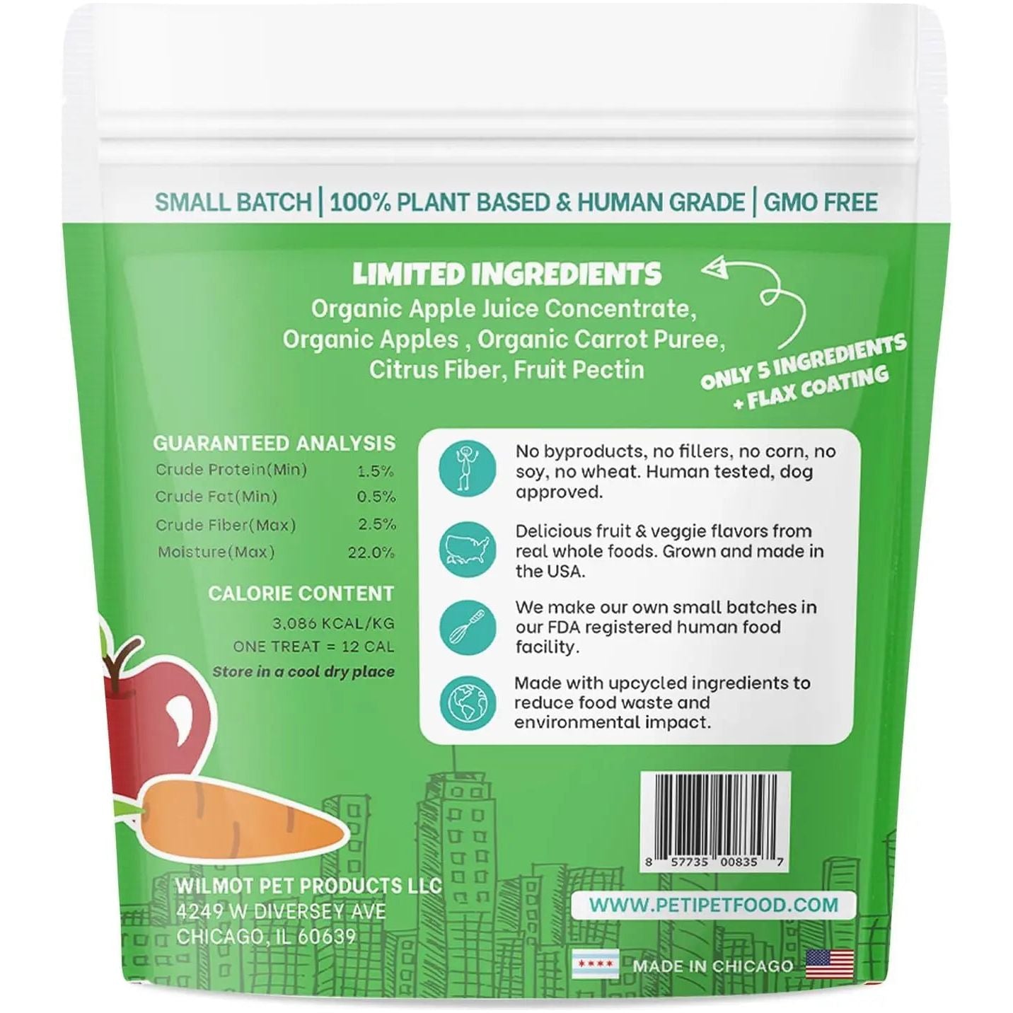 Back of PETIPET Apples + Carrots Bites Soft & Chewy Dog Treats (5 oz) shows ingredients like organic apple juice concentrate, carrot puree, citrus fiber, and fruit pectin. Plant-based, GMO-free, small-batch, made in Chicago; includes nutrition info.