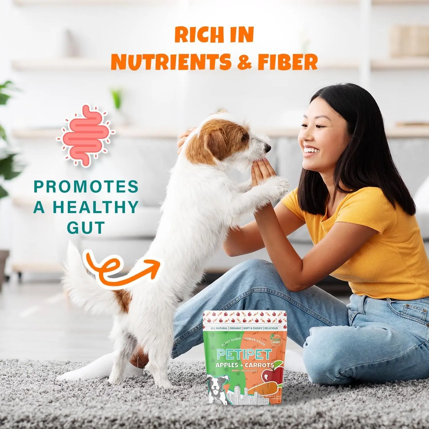A woman smiles as she feeds a small white and brown dog standing on its hind legs. Text highlights gut health benefits, with a PETIPET Apples + Carrots Bites Soft & Chewy Dog Treats 5 oz package featuring plant-based ingredients in view.