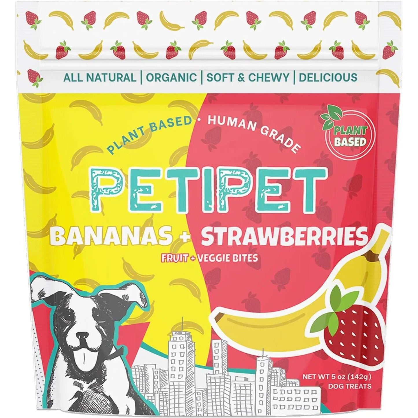 PETIPET Bananas + Strawberries Bites Soft & Chewy Dog Treats 5 oz feature colorful packaging with a dog illustration, fruit images, and callouts for plant-based, organic ingredients. Human grade and chewy. Brand: PETIPET.