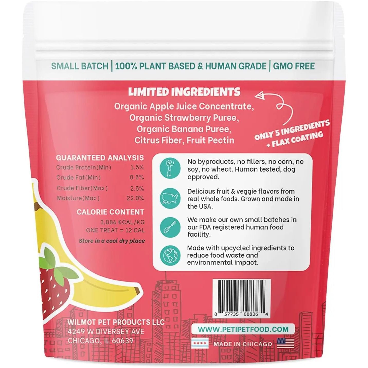Back of PETIPET Bananas + Strawberries Bites Soft & Chewy Dog Treats 5 oz package displays ingredient details, nutrition info, and features like 100% plant-based, human grade, organic ingredients—only five total. Illustrated fruit/icons highlight simplicity.