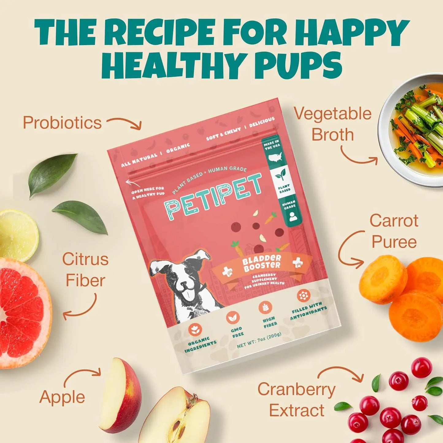 PETIPET Bladder Booster Cranberry Chews for Dogs 7oz, shown with apple, grapefruit, cranberry, carrot puree, and veggie broth, feature probiotics and citrus fiber to support urinary and kidney health in a plant-based treat.