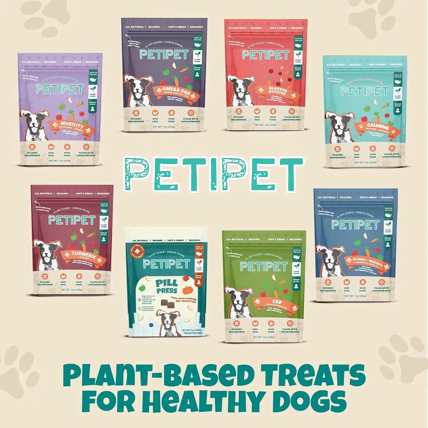 Eight PETIPET Bladder Booster Cranberry Chews for Dogs (7oz) are arranged in two rows on a beige paw-print background. Text reads “PETIPET” and “Plant-Based Treats For Healthy Dogs,” highlighting urinary and kidney health support.