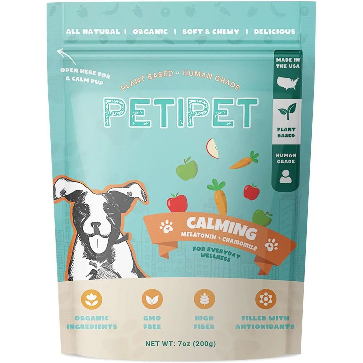 A 7oz bag of PETIPET Calming Bites with Melatonin + Chamomile, Apple & Carrot Flavored Soft Chew Supplement for Dogs, featuring plant-based, human grade, organic, and GMO-free benefits for stress relief.