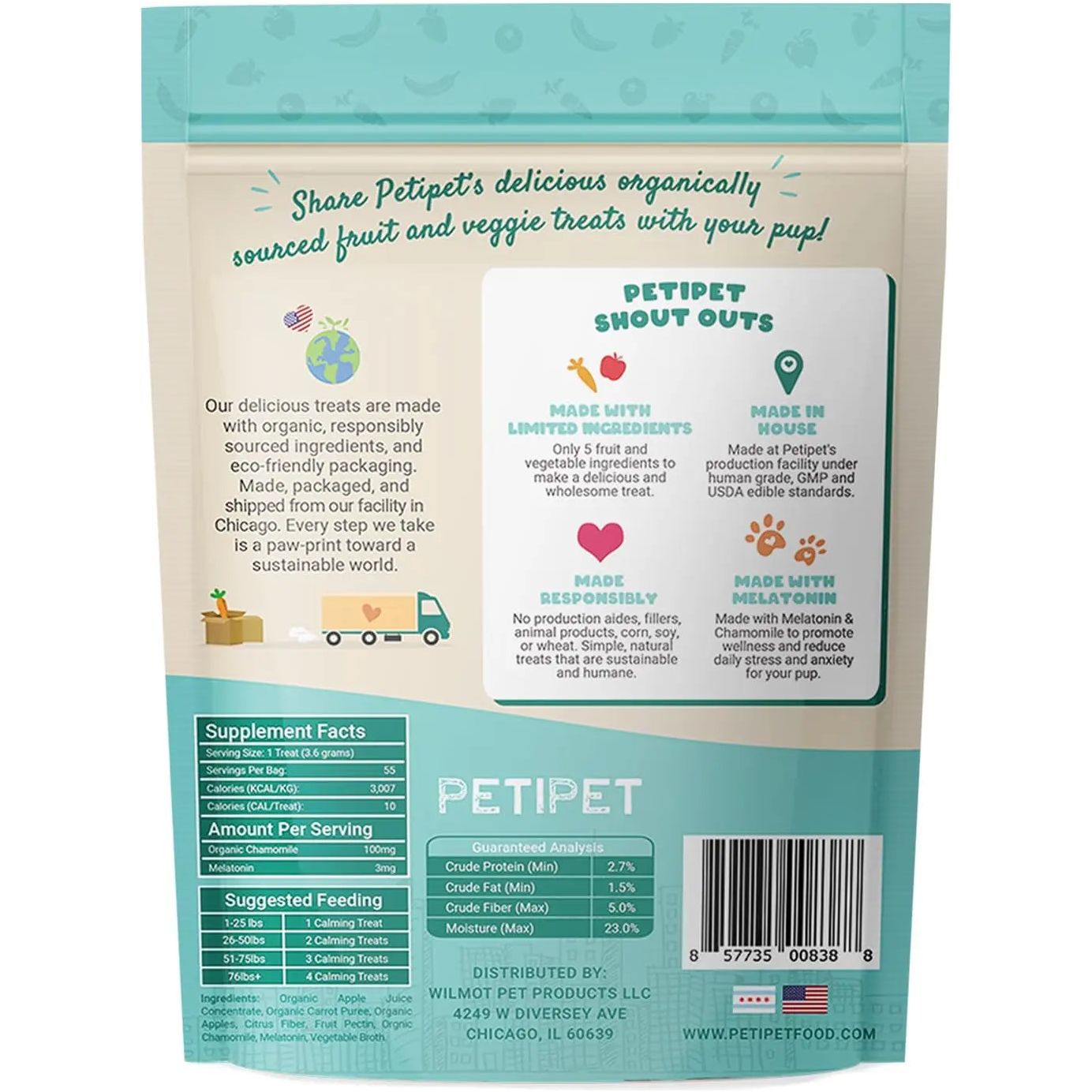 Back of PETIPET Calming Bites with Melatonin + Chamomile Apple & Carrot Flavored Soft Chew Calming Supplement for Dogs 7oz shows highlights like limited ingredients, stress relief, nutritional facts, and brand info on a pastel green background.