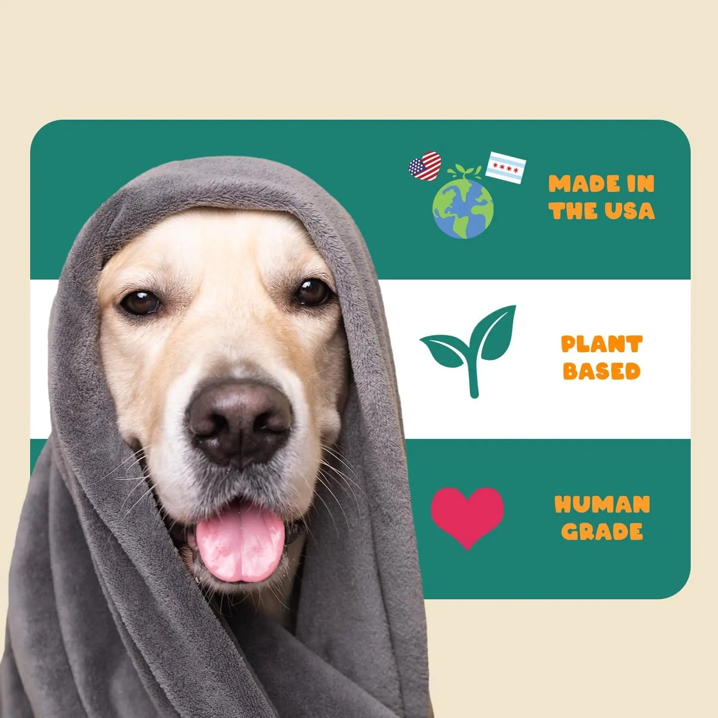 A golden retriever in a gray towel sits before icons and text: PETIPET Calming Bites with Melatonin + Chamomile—Apple & Carrot Flavored Soft Chew Supplement for Dogs, 7oz. Plant Based, Human Grade, Made in the USA—perfect for stress relief.