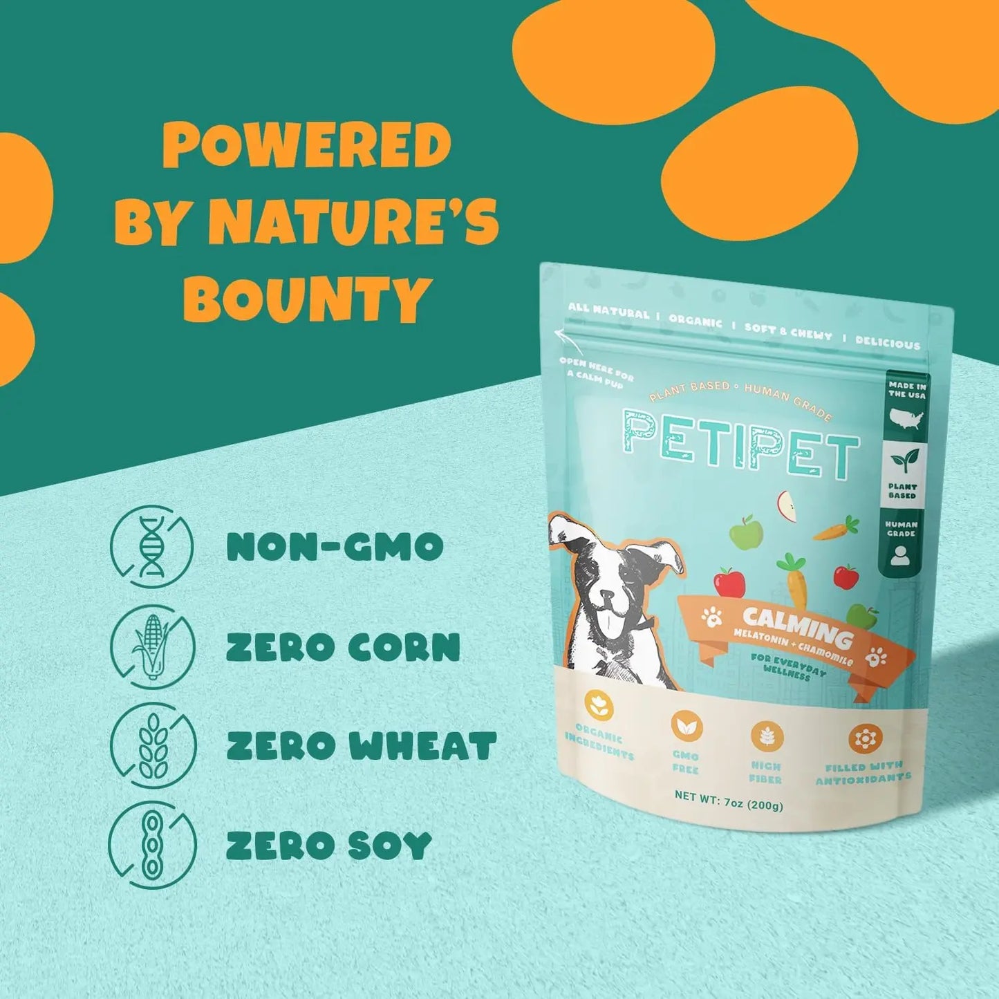 A bag of PETIPET Calming Bites with Melatonin + Chamomile Apple & Carrot Chews for dogs sits on teal. Orange and teal text reads Powered by Nature’s Bounty, plus non-GMO, corn, wheat & soy free icons—natural stress relief for dogs.