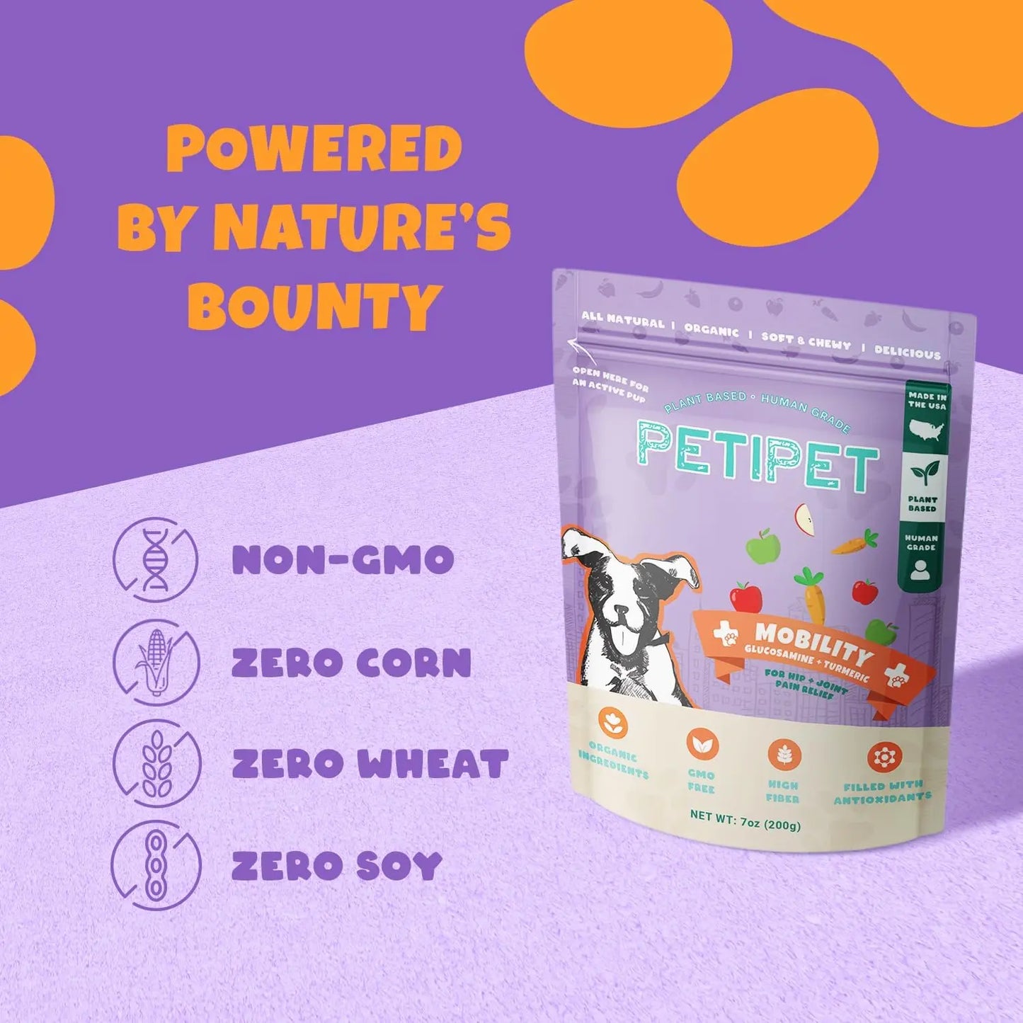 A bag of PETIPET Mobility Bites with Glucosamine + Turmeric Apple & Carrot Flavored Soft Chews for dogs sits on a purple surface. Text highlights joint support, non-GMO, zero corn, wheat, or soy—great for senior dog mobility and comfort.