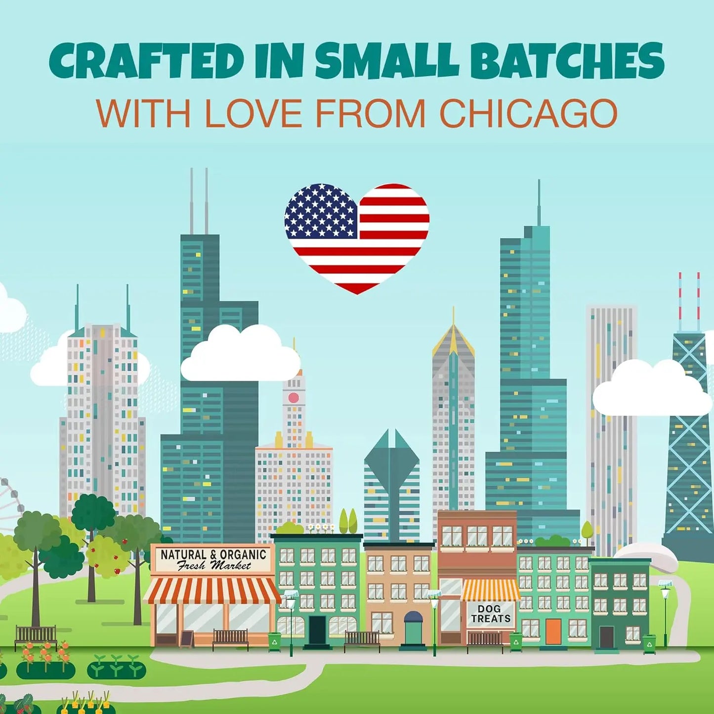 Illustration of downtown Chicago’s skyline with shops, park, and a heart-shaped US flag above. Text: “Crafted in Small Batches with Love from Chicago.” Features PETIPET Pill Press Dog Treats—vegan chews with pumpkin & probiotics.
