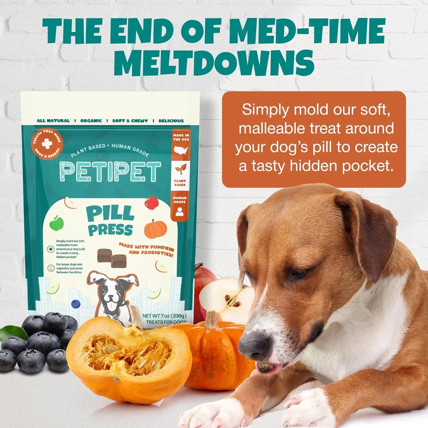 A dog sits with pumpkins, blueberries, and a bag of PETIPET Pill Press Dog Treats—vegan chews with pumpkin & probiotics that hide pills for dogs. Text says, “The End of Med-Time Meltdowns.” Brand: PETIPET.