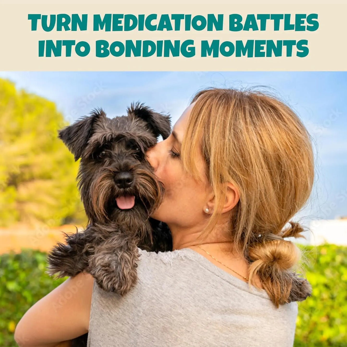 A woman hugs her small black dog outside, with Turn medication battles into bonding moments above. The sunny green setting highlights the joy of using PETIPET Pill Press Dog Treats—vegan chews with pumpkin & probiotics.